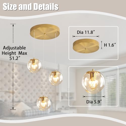 3 Light Modern Gold Pendant Light Hanging Fixture Light for Kitchen Island Mid Century Globe Pendant Light Glass Chandelier for Living Room Bedroom Entryway (Gold-Clear / Globe 3-Light)