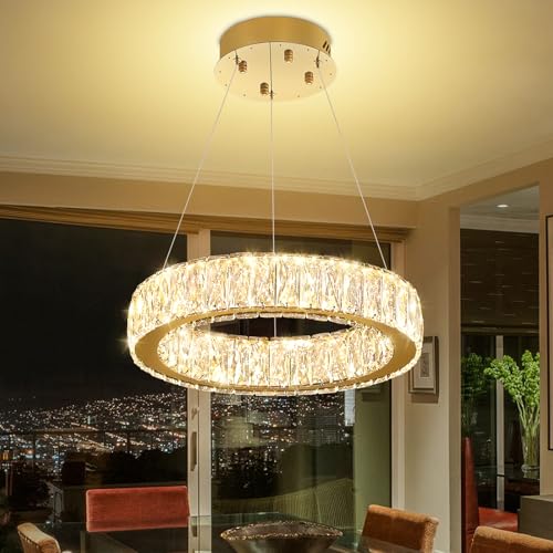 Modern LED Ring Pendant Light Dimmable Crystal Chandelier 15.7" Gold Crystal Chandelier for Dining Room Living Room (Gold 1 Ring 16")