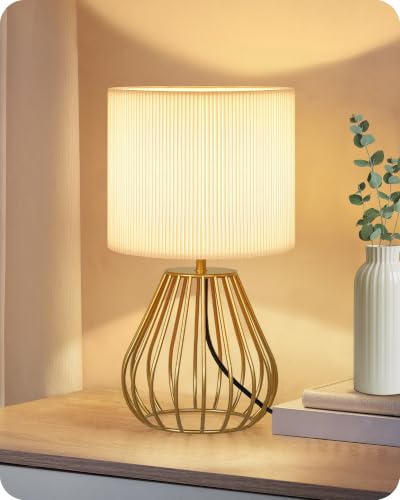 Gold Table Lamp with Pleated Lampshade (White Pleated + Gold)