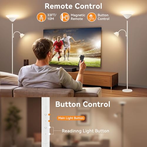 2-in-1 Torchiere Floor Lamp, 34W Super Bright LED Standing Lamp with Remote & Touch Control, 72" Dimmable Adjustable Corner Reading Lamp for Living Room, Bedroom, Office, White (White)
