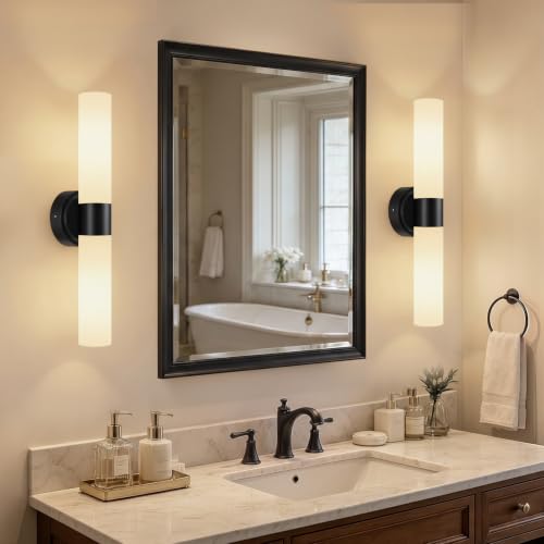 Rechargeable Wall Sconces Set of Two (Matte Black & Milky White Glass / Battery-22 Inch-2PC)