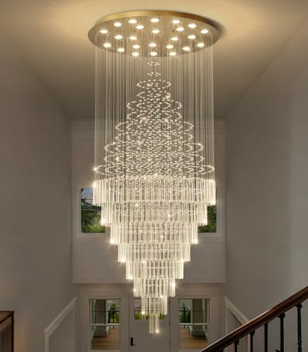 W47 x H120 Crystal LED Chandelier with Light Bulbs Luxury Raindrop High Ceiling Chandeliers for Entryway Villa Staircase Foyer Living Room Lighting Fixtures Gold (Gold / Round W47" X H118")