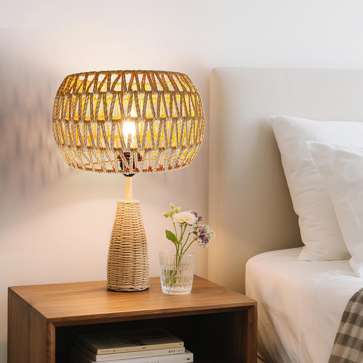 Hanging Light Lamp Shades Boho Rattan Lamp Shades (12.6 Inch-Drum Shade)
