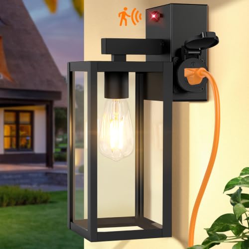 Upgraded Motion Sensor Outdoor Wall Light with Outlet (Black / 13.1in)