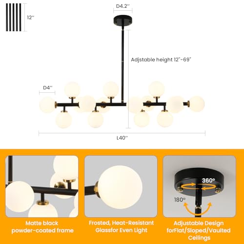 Black and Gold Chandelier Modern Rectangle Chandelier Glass Globe Pendant Light Fixture Adjustable for Dining Living Room Kitchen Island 16 (BlackGold-40in)