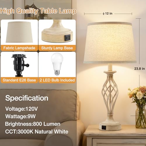 Table Lamp for Bedroom Set of 2 with USB C+A Ports (Beige Base + Light Oat Color Shade)