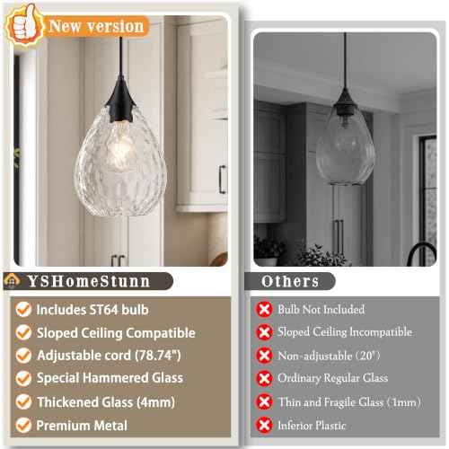 Black Glass Pendant Lights Kitchen Island 8" Pendant Light Hammered Clear Glass 2 Pack Height Adjustable Modern Hanging Pendant Lights for Dining Room Bedroom Hallway Sink Bulbs Incl (Black, 2 PK / 8 Inch)