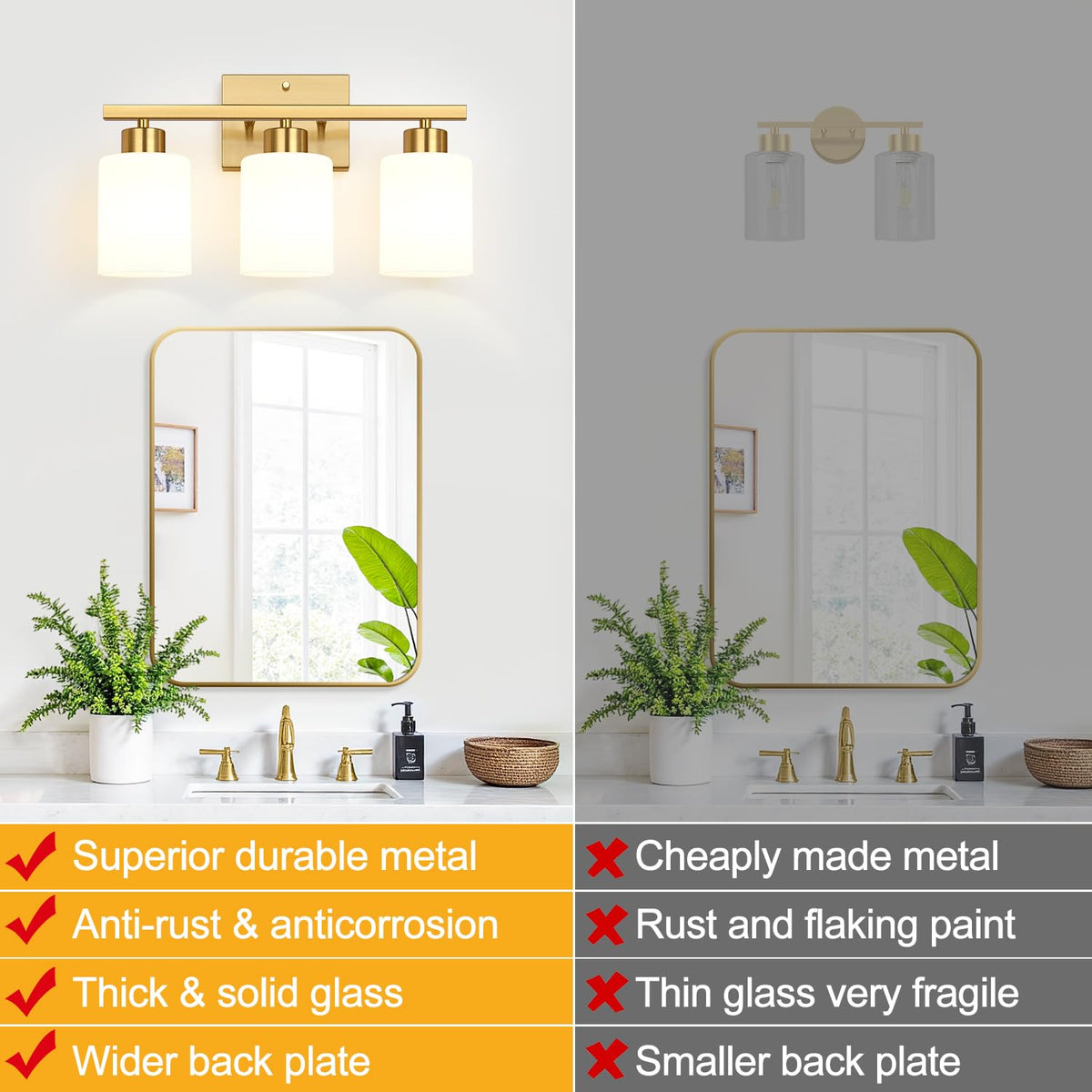 3 Light Bathroom Light Fixtures (Brushed Gold & Milk Glass / 3-light)