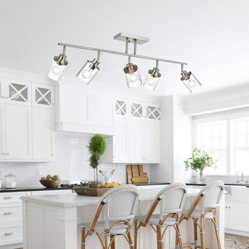 5-Light Wall/Ceiling Track Lighting Kit in Brushed Nickel Semi Flush Mount Ceiling Light with 5 Rotatable Light Heads Modern Vanity Lights for Bathroom, Clear Glass Shade (Brushed Nickel / 5-Light)