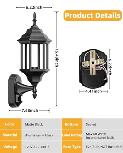 Motion Sensor Outdoor Wall Light Fixtures (2 Pack - Black)
