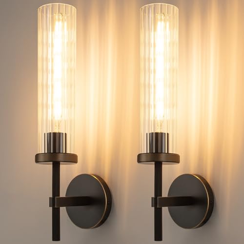 19.5" Knurled‑Craft Hardwired Black Gold Wall Sconce (Black-Vertical Striped / 19.5″-2 Pack)