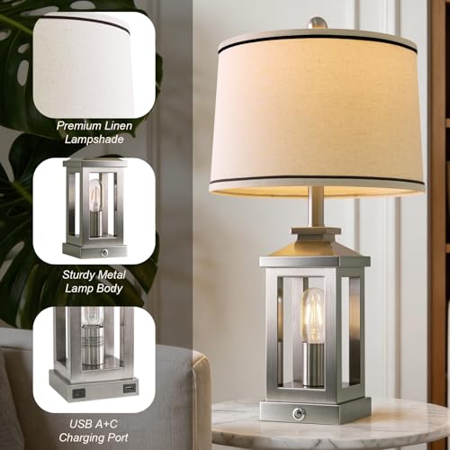 Modern Table Lamps Set of 2 for Living Room 23.75" Bedroom Nightstand Lamps (Silver)