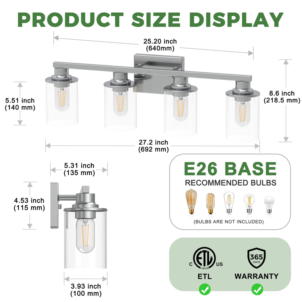 4 Light Chrome Bathroom Vanity Light Fixture ETL Listed (Chrome / 4-Light)