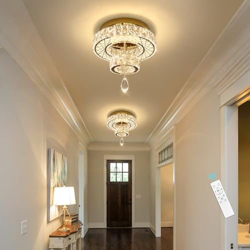 Modern Glam Ceiling Chandelier Bedroom Light Fixtures Crystal Flat Sloping Ceiling Lights for Hallway Kitchen Dining Room Dimmable Light with Remote Gold (12 inch / Gold)