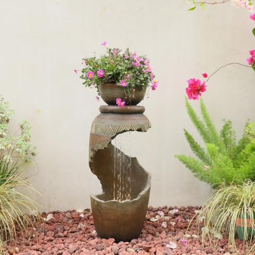 30H Spiral Outdoor Water Fountain with Bowl Planter (30H)