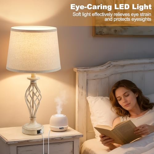 Table Lamp for Bedroom Set of 2 with USB C+A Ports (Beige Base + Light Oat Color Shade)