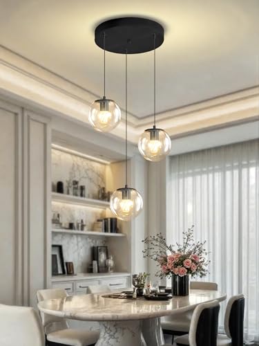 3 Light Small Chandelier LED Modern Glass Globe Pendant Light Chandeliers for Entryway Lighting Fixture Bedroom and Dining Room (Black-Clear / Globe 3-Light)