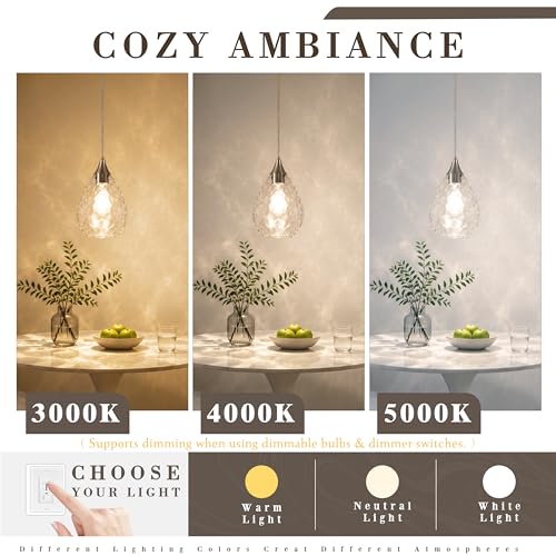 Nickel Glass Pendant Lights Kitchen Island 8" Pendant Light Hammered Clear Glass 3 Pack Height Adjustable Modern Hanging Pendant Lights for Dining Room Bedroom Hallway Sink Bulbs Incl (Nickel, 3 PK / 8 Inch)