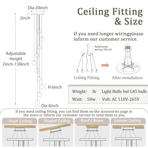 10 Light LED Staircase Modern Glass Globe Pendant Light Large Chandeliers for High Ceilings (Black-Clear / Globe 10-Light)
