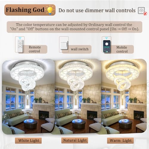 Dia 20" Crystal Chandelier Crystal Silver Ceiling Light Fixtures LED Flush Mount Ceiling Light for Living Room Bedrooms Dining Room Dimmable 2700k 4500k 6000k (Silver / W:20inches)