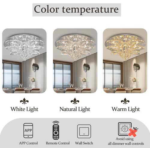 Modern Crystal Chandelier Crystal Flush Mount LED Ceiling Light Fixture for Living Room Foyer Dining Room Hallway Dimmable 2700k 4500k 6000k