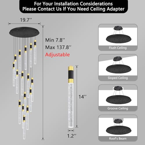 16 Lights 138 Inches Modern Chandelier LED Light Fixtures Adjustable High Ceiling Long Light Chandelier for Hallway Foyer Dimmable Lights with Remote Living Dining Ceiling Pendant Lighting (16 lights Cylindrical)
