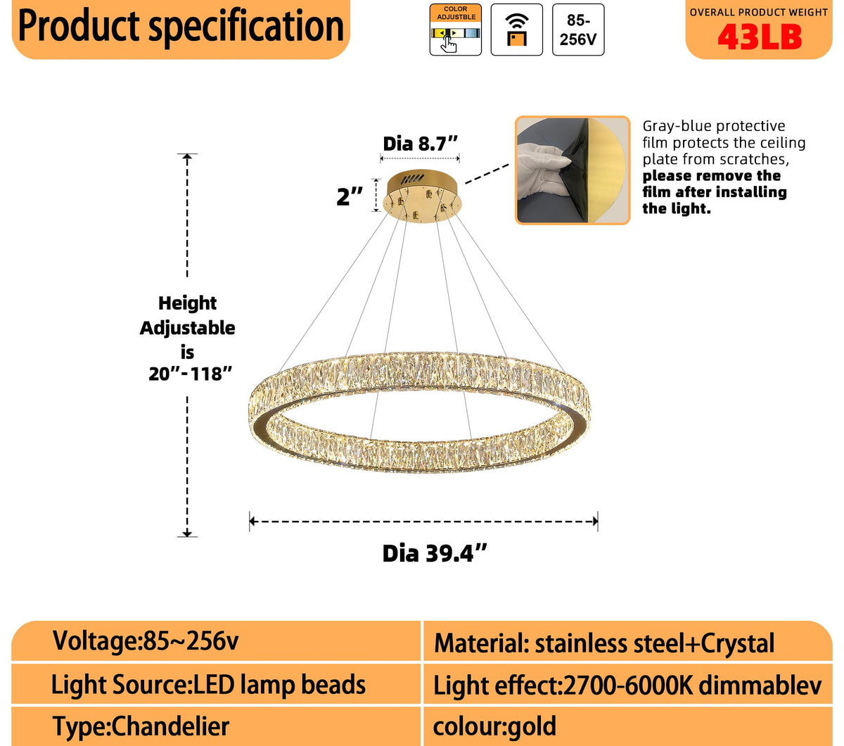 Modern LED Dimmable Crystal Chandelier 39.4" Ring Pendant Light Adjustable Gold Round Crystal Chandelier Light Fixtures for Dining Room Living Room (Gold 1 Ring 40")