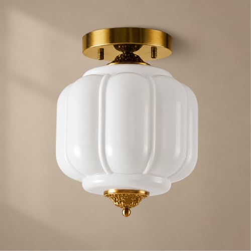 9.8" Vintage Ceiling Light with Milk White Ribbed Glass Lampshade (Gold / 9.8in)