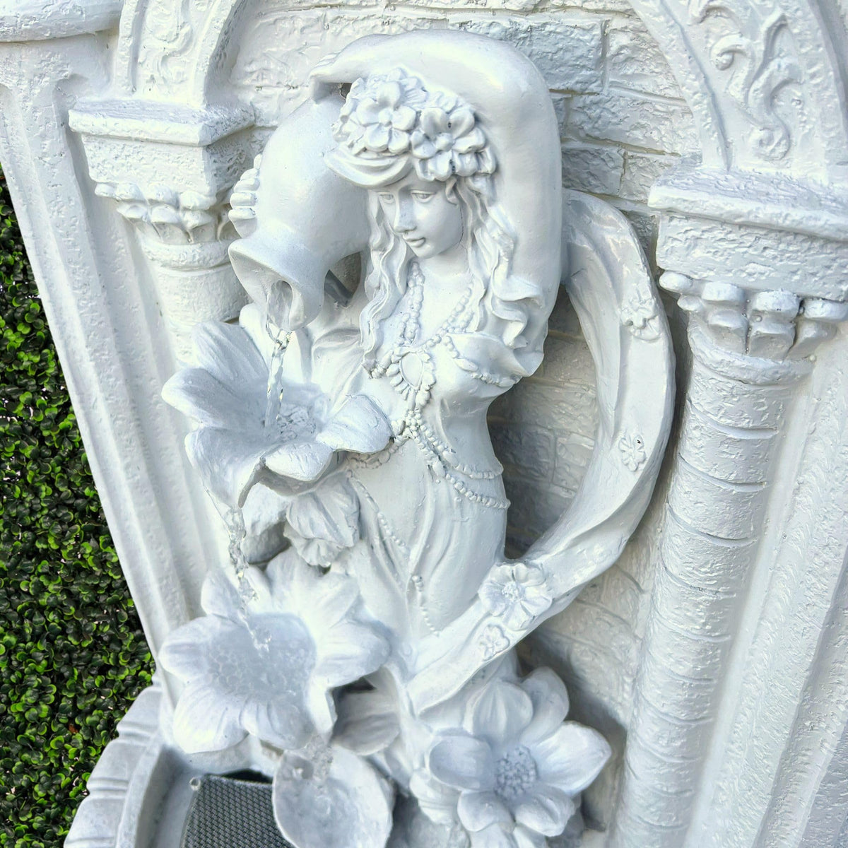 30.3" Solar Powered Outdoor Wall Fountain with Flower Maiden Statue (White)