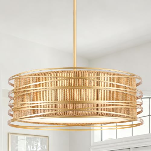 23.6" Gold Rattan Chandelier Boho 5 (Gold / 23.6 inch)
