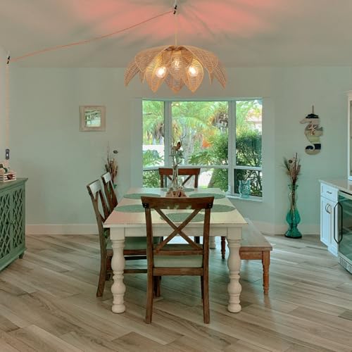Rattan Plug in Pendant Light with 15FT Hemp Rope Cord Boho Light Fixture Can accommodate 3*E26 Bulbs of Woven Wicker Chandelier for Living Room Bedroom Dinning (DW-007-3P)