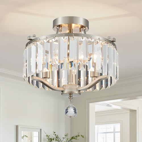 Brushed Nickel Crystal Semi Flush Mount Ceiling Light Fixture Modern Farmhouse Small Chandelier 3 (055-Brushed Nickel)