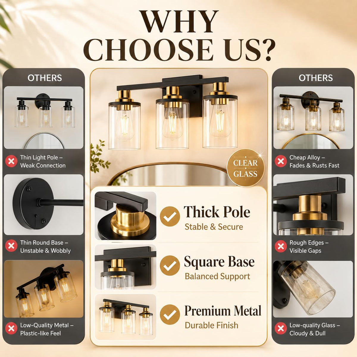 Bathroom Light Fixtures Over Mirror (Black and Gold / 3-Light (17inch))