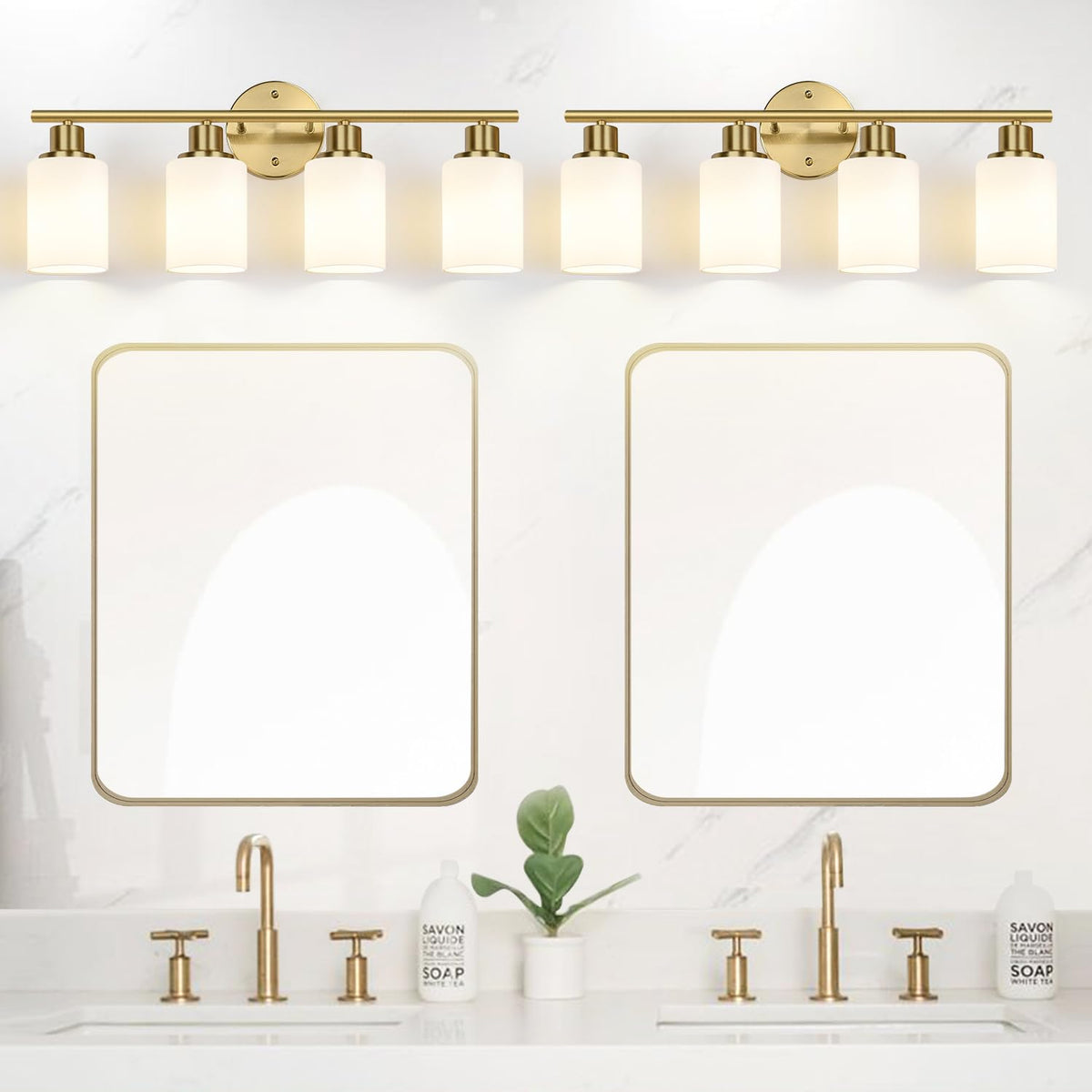 4 Light Bathroom Light Fixtures (Brushed Gold & Milky White Glass / 4-light)