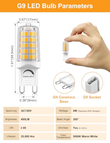 24 Pack G9 LED Bulb 4W 3000K Soft Warm White T4 Dimmable