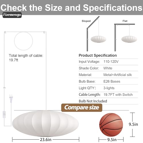 23.6in Plug in Lantern Pendant Light (Plug-in White / 23.6in)