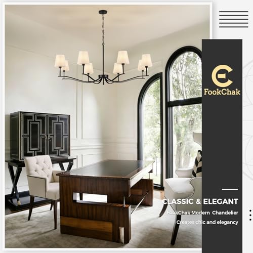 8 Light Black Chandelier with White Linen Shade 44'' Fabric Dining Room Chandeliers Over Table Transitional Living Room Chandeliers for Master Bedroom Entry Hanging Light Fixture Home Office Kitchen (Black & Linen / 43.7 inch)