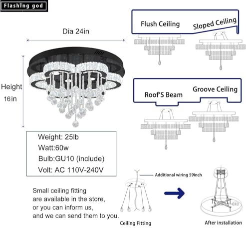 Modern Chandelier for Living Room 24 inch Raindrop Chandeliers Flush Mount Crystal Chandelier for Bedroom Dining Room LED Dimming 2700k 4500k 6000k (Black / 24inch)