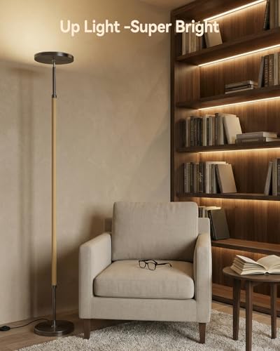 Wood LED Torchiere Floor Lamp with Remote (Natural Wood & Brushed Black Nickel)