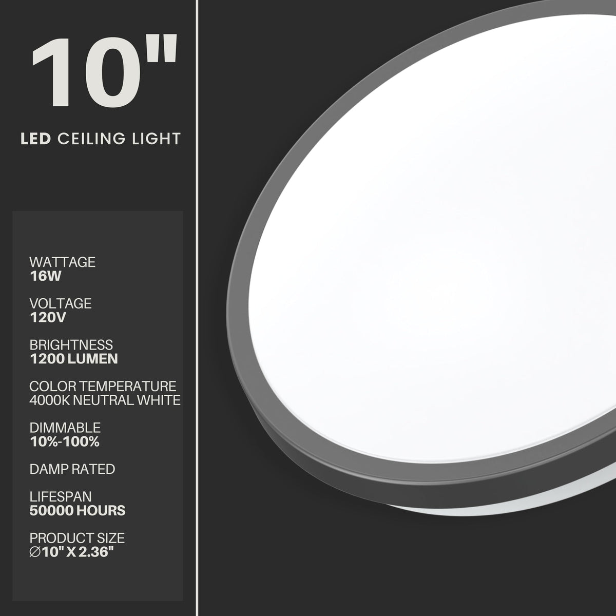 10" Matte Black LED Ceiling Light Flush Mount Lighting Fixture Dimmable Daylight for Bathroom Kitchen Laundry Room Closet (10 inches / Matte Black)
