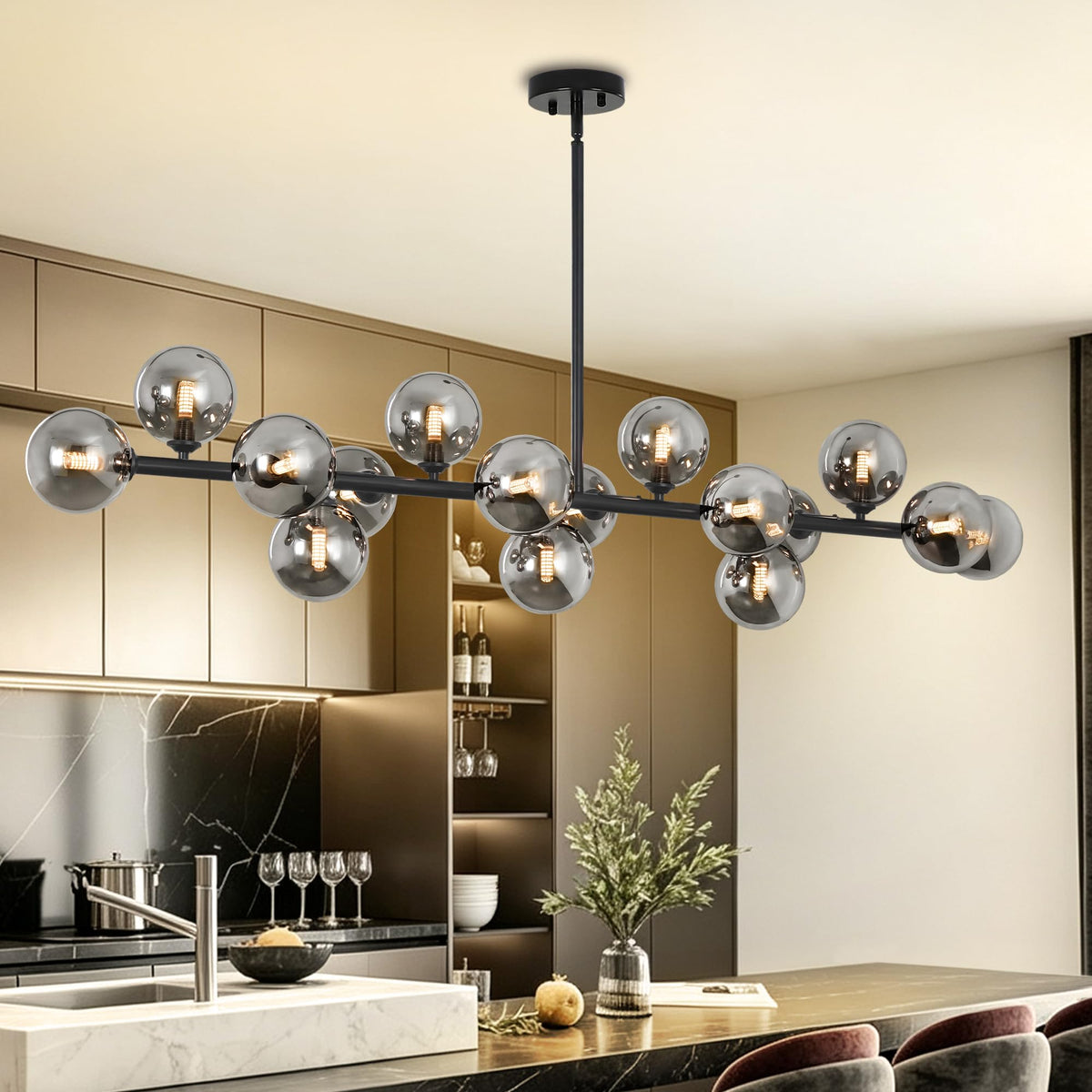 Black Linear Chandelier Mid Century Modern Sputnik Dining Room Chandelier (Black and White / 16 Light)