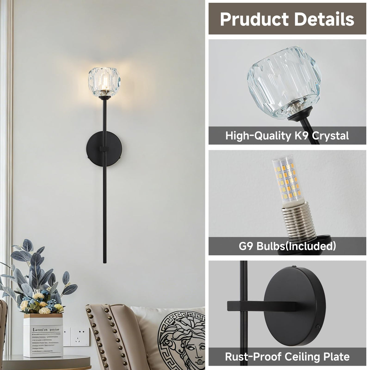 Black Crystal Wall Sconces of Two Brass Mid Century Modern Bathroom Sconce (Black / 2 PC)