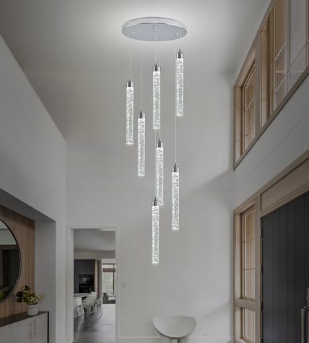 7 Lights High Ceiling Crystal Staircase Chandelier Chrome Pendant Lights Modern Spiral Raindrop Dimmable LED Bubble Cluster Ceiling Hanging Lighting Fixture for Foyer Living Room Remote Control (Chrome / 7 lights)