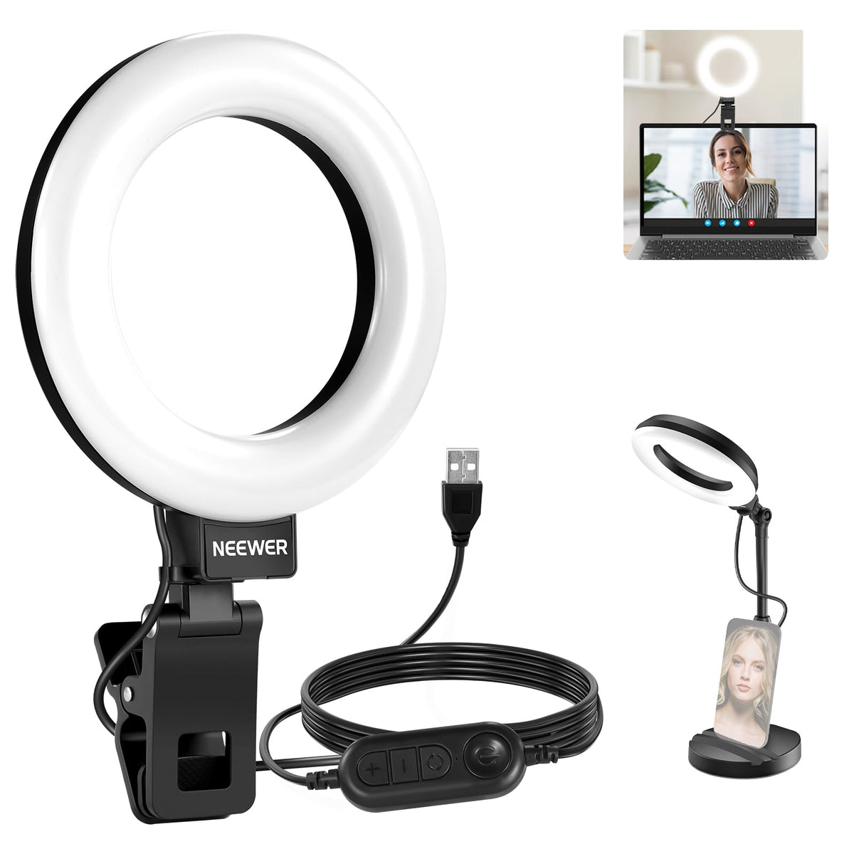 BASICS Black BR60 5" LED Desktop Ring Light with Stand Monitor Clamp