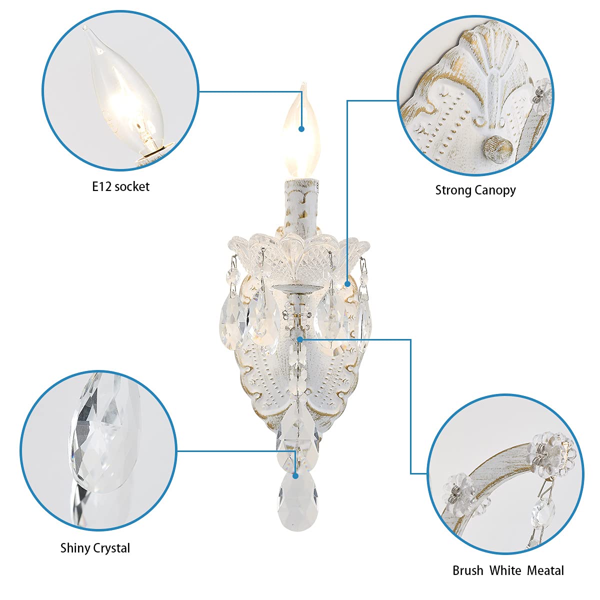 Crystal Wall Sconce Distressed White Vintage Wall Chandelier (W6039-1-White)