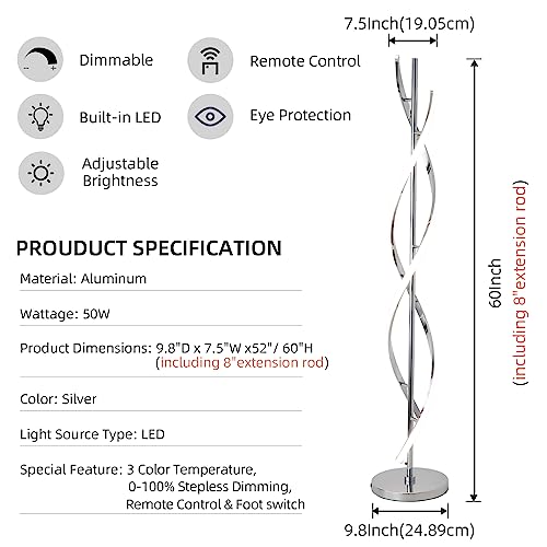 40W LED Modern Floor Lamp Remote Control Dimmable Spiral Floor Lamp Indoor Tall Lamp Floor Lamps for Living Rooms Family Rooms Bedrooms Offices Lighting (Silver A)