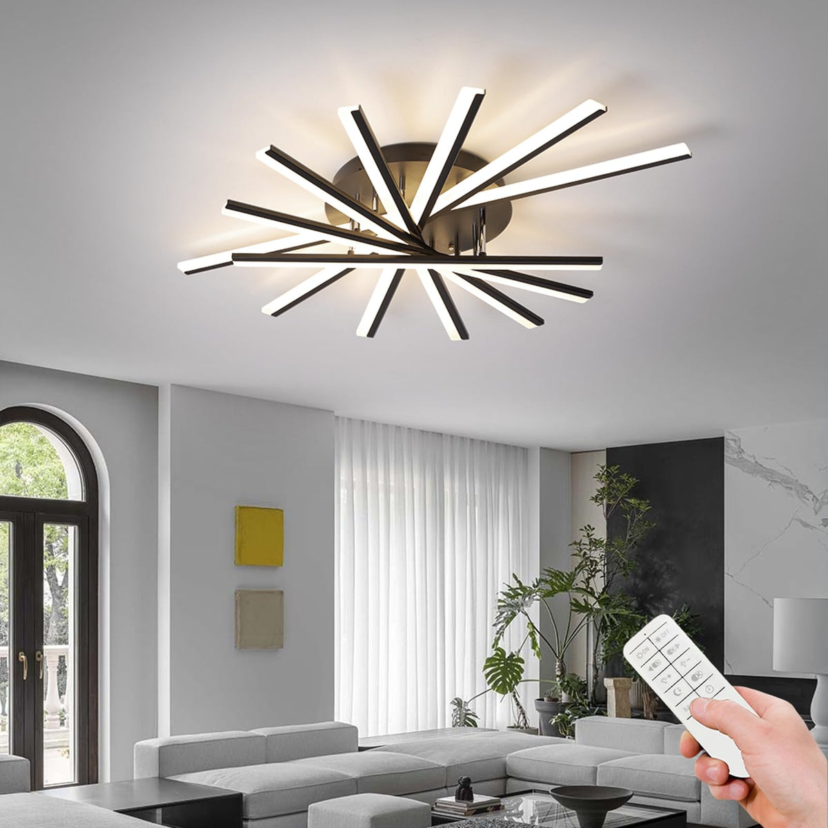 7 Lights Linear Modern Ceiling Lamp 41.3 inch Dimmable Led Semi Flush Mount Black Spiral Ceiling Light Fixture for Bedroom Dining Room Kitchen Island Living Room (Black / 41.3in)