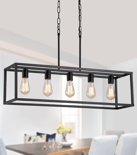 Black Rectangle Kitchen Island Lights Rectangular Modern Industrial Chandelier for Dining Room 5 Lights Linear Vintage Cage Light Fixtures UL Listed (5-Lights)