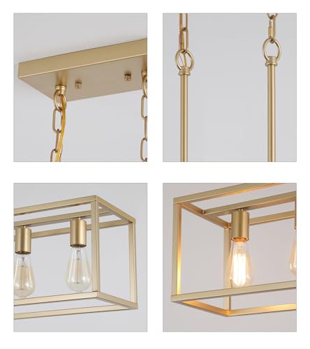 Gold Rectangle Kitchen Island Lights Rectangular Modern Industrial Chandelier for Dining Room 5 Lights Linear Vintage Cage Light Fixtures UL Listed (Gold)