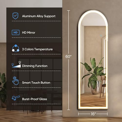 Arched LED Mirror Full Length Standing (White- Arched / 60"L x 16"W)